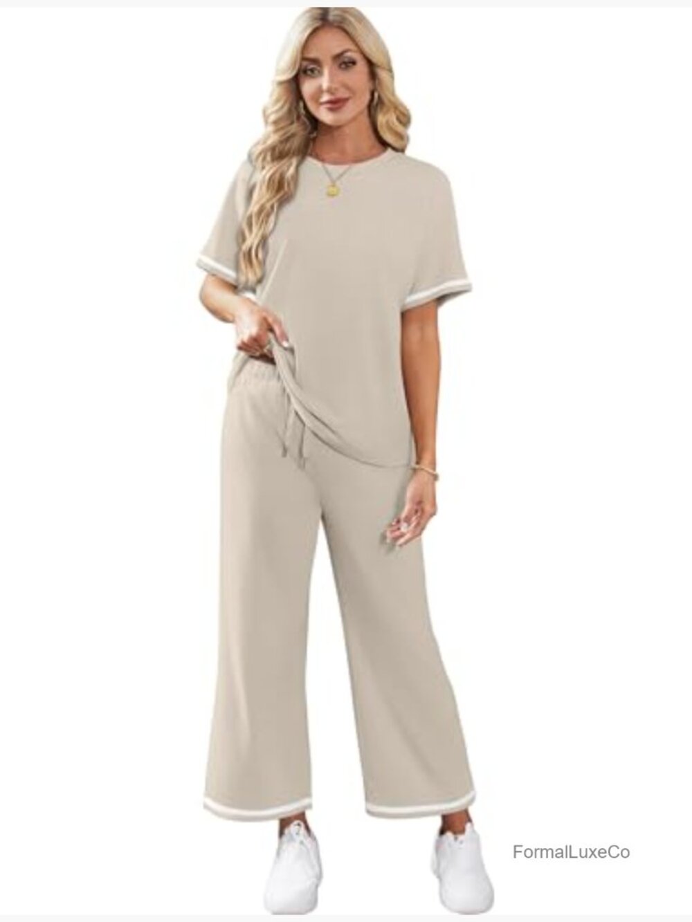 Women's 2 Piece Lounge Set Short Sleeve Wide Leg Pants Travel Outfit - Picture 4 of 7